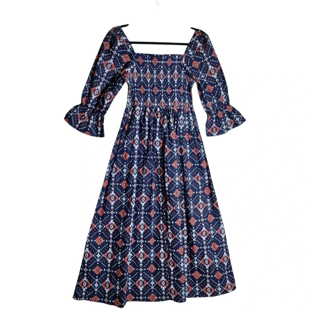 Petite Medium Blue Geometric Tribal Smocked Midi Dress Cotton Bell Sleeve PM